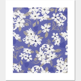 White flowers over very-peri background Posters and Art